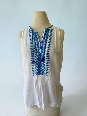 Ralph Lauren LRL White Blue Cotton Gauze Embroidered Peasant Top Sz M Boho